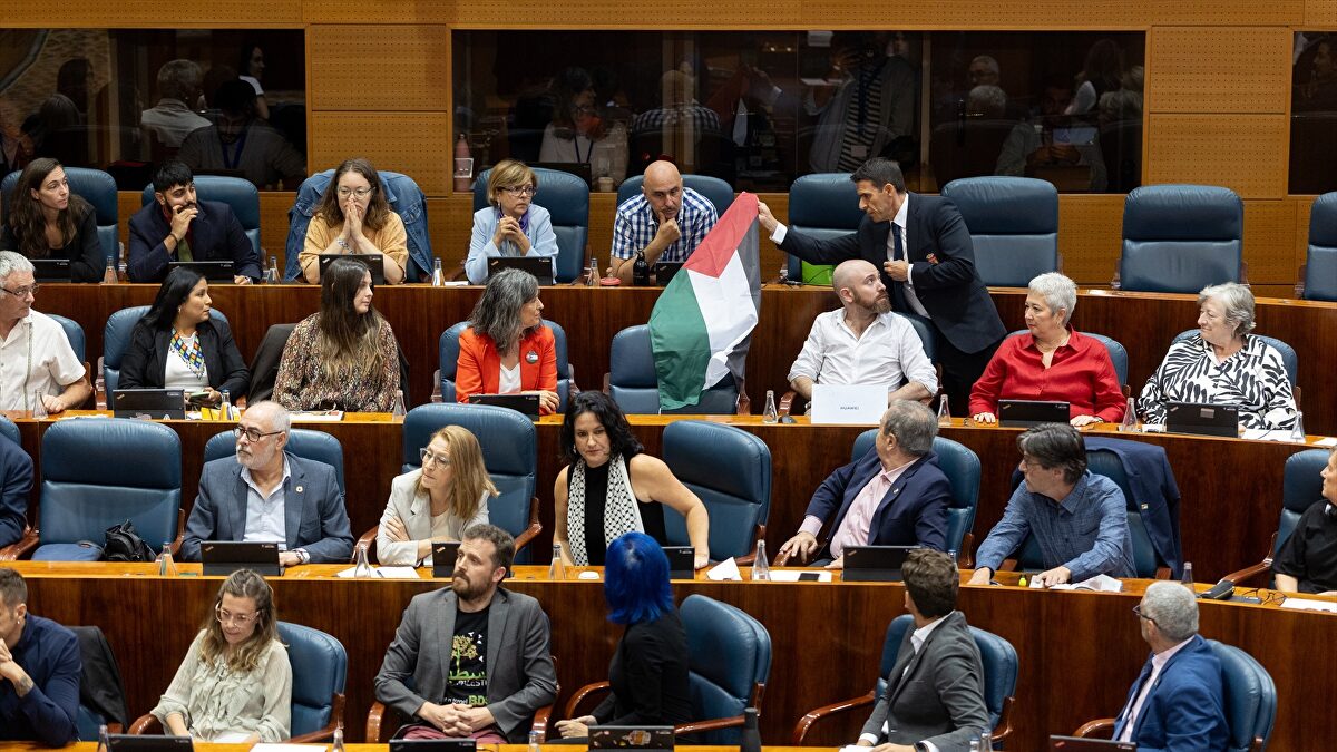 Bronca monumental por la flotilla: los diputados de Más Madrid tratan de impedir que se retire una bandera palestina