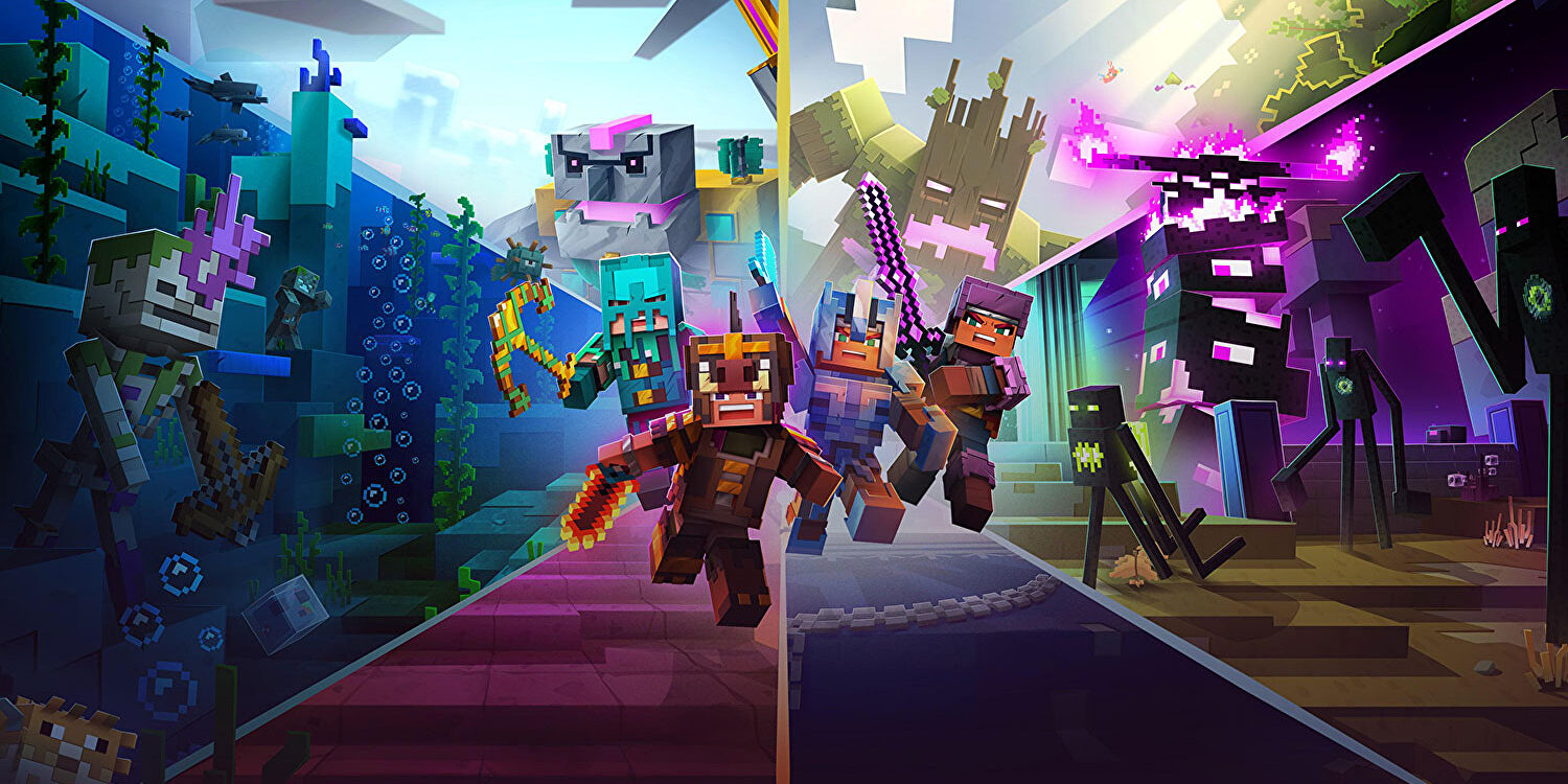 Minecraft Dungeons II promotional artwork showing heroes fighting enemies across colorful environments