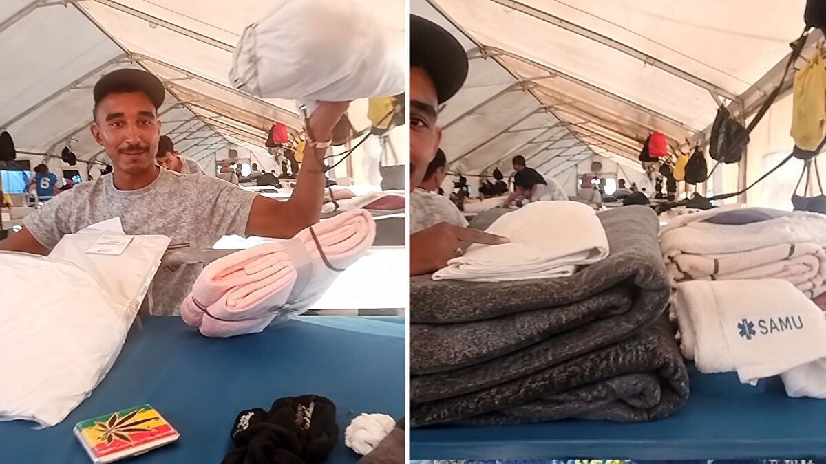 Un inmigrante ilegal presume de las mantas y toallas que recibe en las carpas de Ceuta
